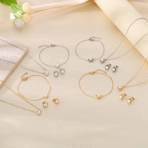 French Elegant Stainless Steel Jewelry Set For Women Gold Silver Plated Artificial Pearl Necklace Bracelet Stud Earrings Fashion Jewelry Gift