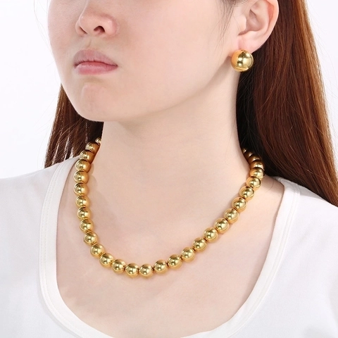 Collana Di Perline Rotonde Cave E Orecchini A Lobo Gioielli In Acciaio Inossidabile Per Donna Stile Pendolare