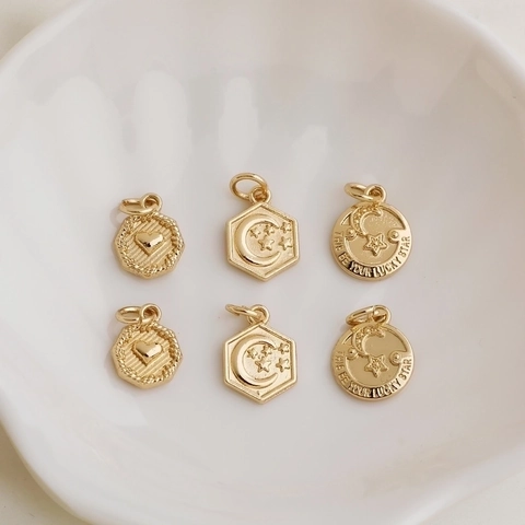 Legierungsanhänger 14K Vergoldet Herz Runde Scheibe Stern Mond Sechseck Anhänger Graviert Lucky Star Für DIY Schmuck