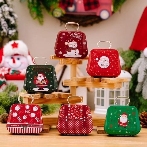 Miniatur Weihnachten Weißblech Koffer Süßigkeiten Box Weihnachtsmann Schneemann Metall Geschenkbox Tragbare Aufbewahrungsbox Dekoration