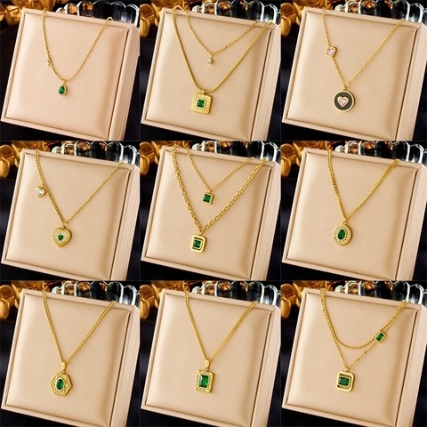 Vintage Geometric Pendant Necklace Stainless Steel Gold Plated Double Layer Chain Green Square Heart Zircon Jewelry For Women