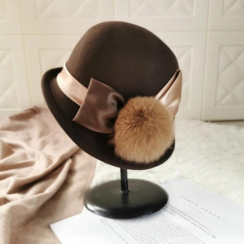 Vintage Damen Wollfilz Glockenhut Retro Dome Bowler Mit Satinschleife Und Kunstpelz Bommel Herbst Winter Warm Elegant