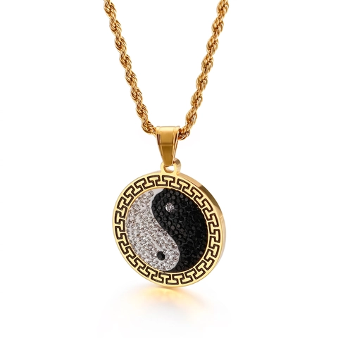 Tai Chi Yin Yang Pendant Necklace 316L Stainless Steel Black White Rhinestone Bagua Chinese Style Jewelry