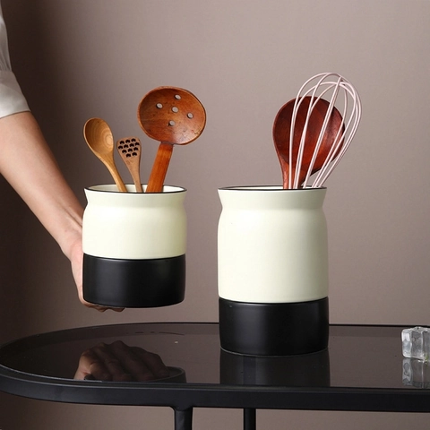Porte-Baguettes En Céramique Nordique Rangement Pour Couverts Avec Trous De Drainage Base Amovible Organisateur De Cuisine Minimaliste