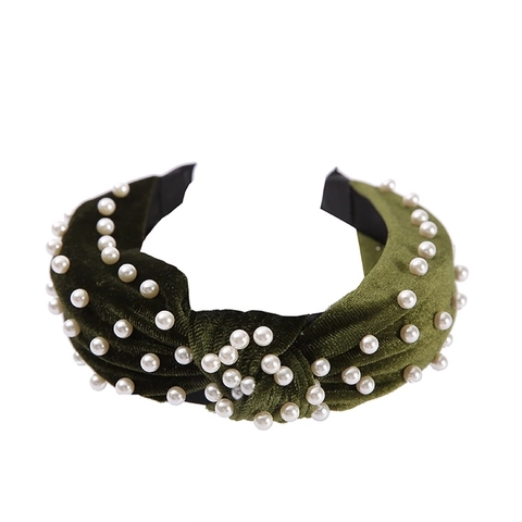 Vintage Knotted Velvet Headband With Faux Artificial Pearl Beaded Wide Brim Elegant Solid Color Hair Accessory For Women