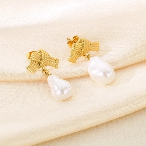 Stainless Steel Knot Stud Earrings With Baroque Freshwater Pearl Drop Vintage Elegant Jewelry For Women