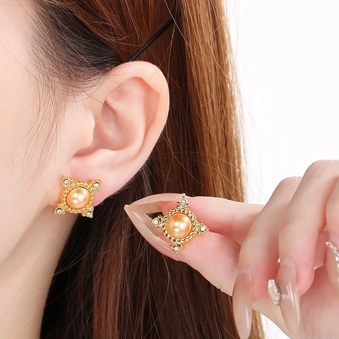 Retro Quadratische Ohrstecker Edelstahl Mit Muschelperle Und Strass 18K Vergoldet Eleganter Seilwickel Stil Für Frauen