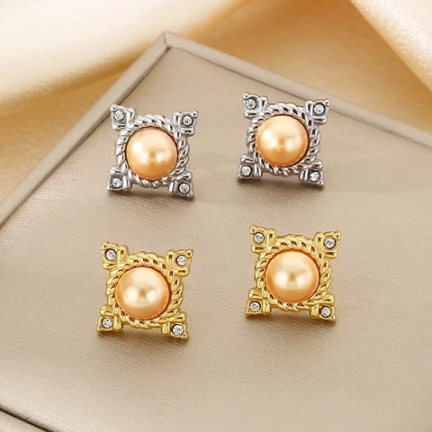 Pendientes De Botón Cuadrados Vintage Acero Inoxidable Perla Artificial De Concha Estrás Estilo Corte Barroco Para Mujer