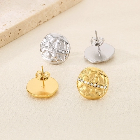 Pendientes De Botón Redondos De Acero Inoxidable Con Diamantes De Imitación Textura Plegada Irregular Estilo Lujo Francés Para Mujer
