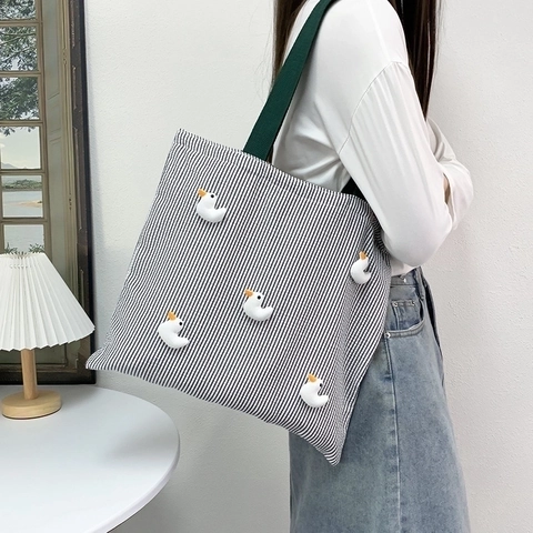 Simpatica Borsa Tote In Tela A Righe Con Decorazioni Di Anatra Grande Capacità Borsa A Tracolla Per Donne E Studenti Stile Kawaii