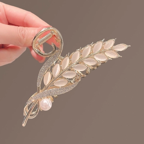 Pinza Para El Cabello Elegante Con Forma De Espiga De Trigo Aleación Piedra Ojo De Gato Estrás Perla Artificial Estilo Chino Mujer