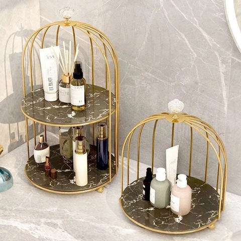 Metal Birdcage Makeup Organizer Rack Desktop Perfume Storage Stand Light Luxury Marble Texture Tiered Display Shelf