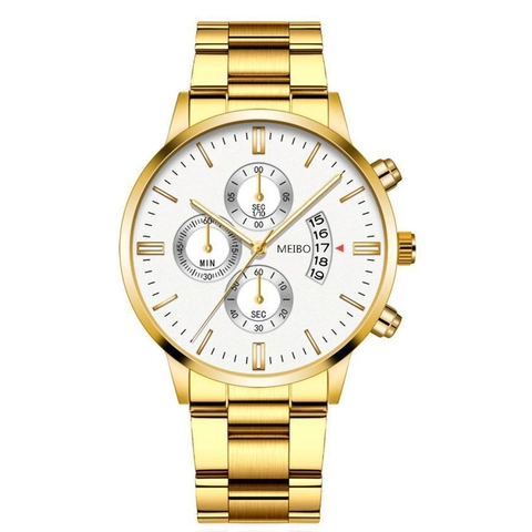 Men Quartz Watch With Stainless Steel Band Three Eye Design Calendar Business Classic Round Dial Analog Wristwatch