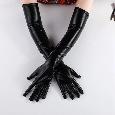 Guantes Largos de Cuero Sintético Metálico Sexy para Mujer Recubiertos Brillantes para Cosplay Actuación Fiesta Aspecto Mojado Baile