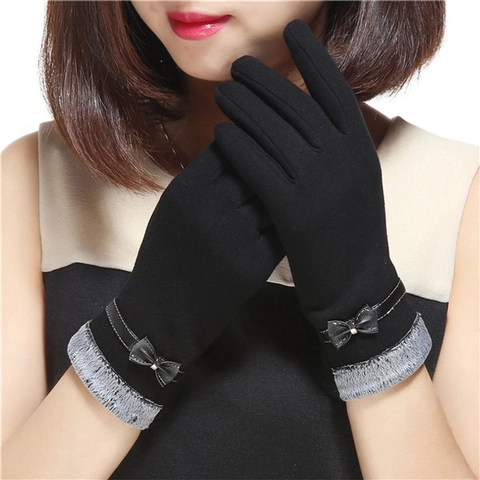 Women Winter Warm Gloves Touchscreen Compatible Bowknot Decoration Faux Fur Cuff Polyester Soft Full Finger Mittens