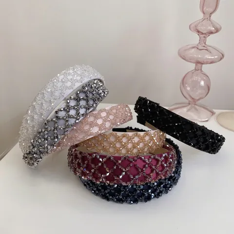 Hand Woven Crystal Beaded Headband Wide Edge Rhinestone Hair Hoop Retro Shiny Elegant Hair Accessories For Women