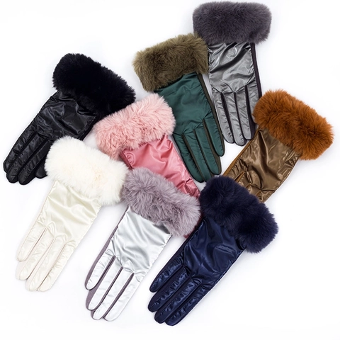 Women Winter Thermal Touch Screen Gloves Faux Rabbit Fur Cuff Windproof Waterproof Padded Warm Cycling Mittens