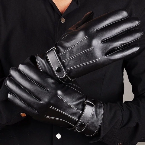 Winter Warm Artificial Leather Gloves Men Women Fleece Lined Touchscreen Windproof Cycling Gloves Solid Color Outdoor Thermal Handwear