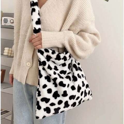 Plüsch Schultertasche Mit Kuh Und Bär Muster Kunstpelz Große Kapazität Tote Crossbody Für Damen Winter Handtasche
