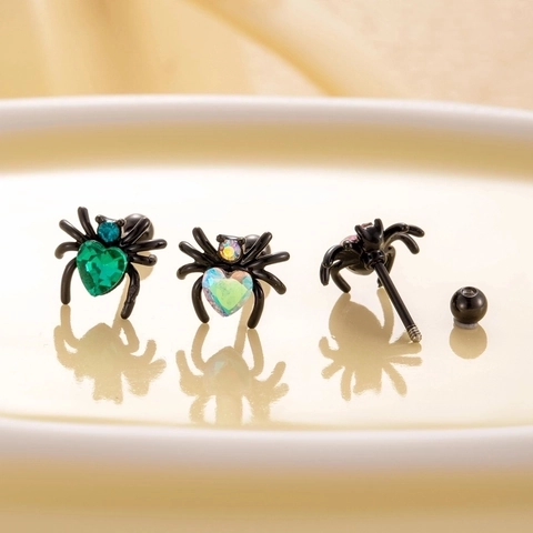 Heart Zircon Black Spider Stud Earrings Titanium Steel Gothic Punk Ear Bone Piercing Double Screw Ball Jewelry