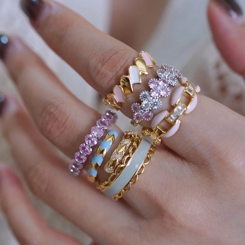 Adjustable Copper Ring For Women With Pink Enamel Heart And Zircon Hollow Chain Link Sweet Niche Style Finger Jewelry