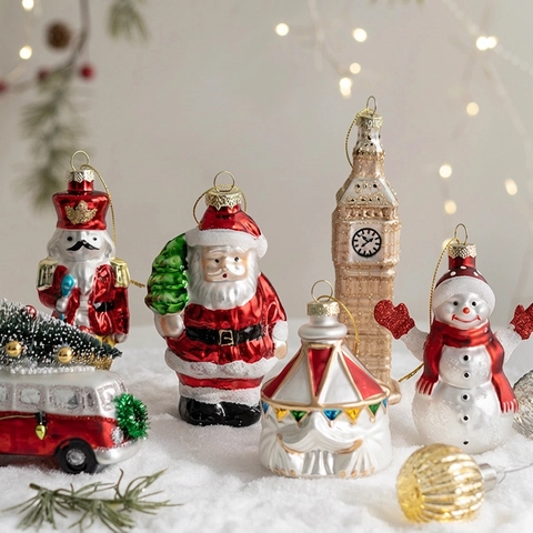 Christmas Tree Hanging Ornaments Hand Painted Glass Shaped Decorative Glitter Holiday Festival Party Home Decor Santa Snowman