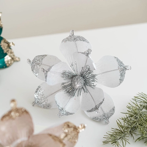 Artificial Magnolia Flower Christmas Tree Decoration Fabric Velvet Sparkling Sequin Petals Holiday Party Wedding Ornament