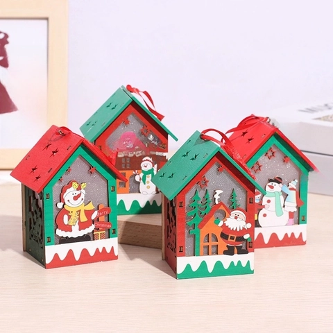Christmas Wooden House Ornament LED Light Santa Snowman Hanging Decoration Home Holiday Party Festive Decor