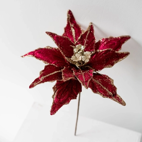 Artificial Poinsettia Christmas Flower Glitter Velvet Decoration For Christmas Tree Home Party Festive Floral Ornament