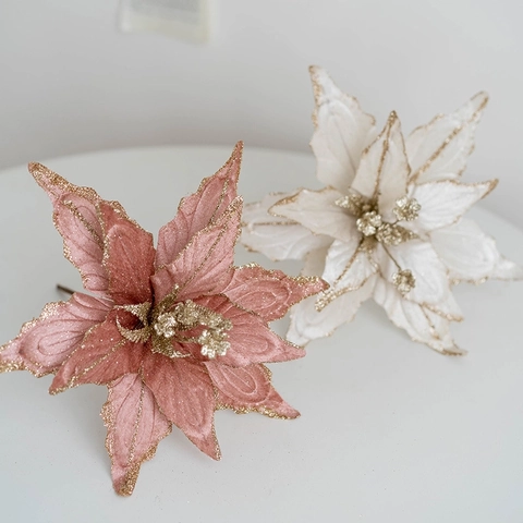 Artificial Poinsettia Christmas Flower Glitter Velvet Decoration For Christmas Tree Home Party Festive Floral Ornament