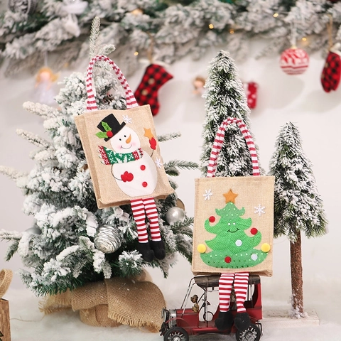 Sacchetti Regalo Di Natale In Juta Con Gambe Pendenti Manico A Righe Babbo Natale Pupazzo Di Neve Alce Applique 3D