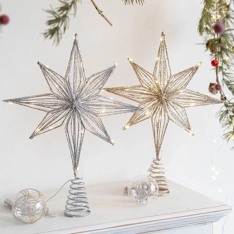 Christmas Tree Topper Star Iron Glitter LED Luminous Warm Light Decoration Holiday Home Ornament Spiral Base