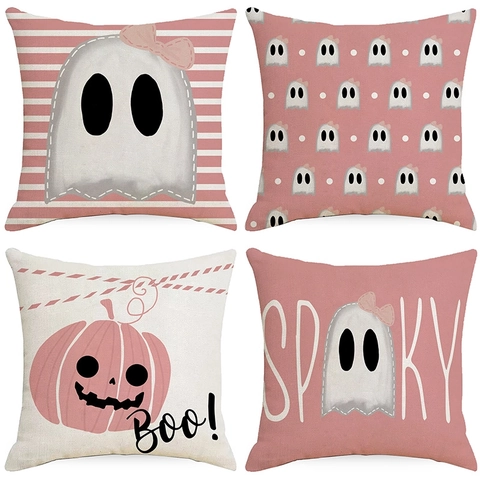 Halloween Decorative Cushion Cover Linen Pink Ghost Pumpkin Pattern Square Sofa Pillow Case For Home Living Room Decor
