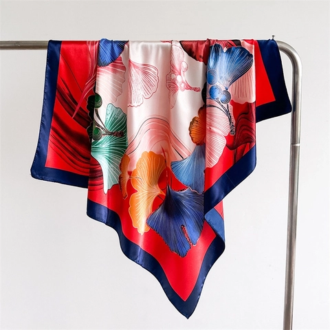 Fashion Ginkgo Leaf Print Satin Square Scarf Elegant Glossy Satin Like Shawl Sun Protection Headscarf For Women