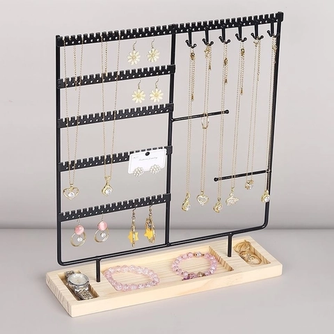 Jewelry Display Stand Metal And Wood Organizer Rack For Earrings Necklaces Bracelets Rings Multi Functional Elegant