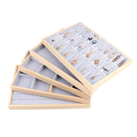 Schmuck Display Tablett Holzrahmen Graues Samtfutter Fach Organizer Für Ringe Halsketten Armbänder Ohrringe Präsentation