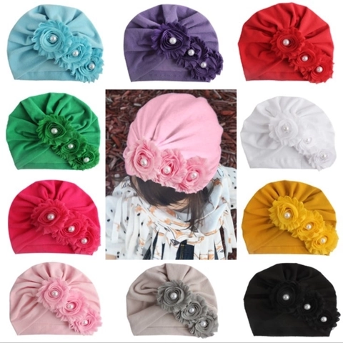 Baby Girl Turban Hat With Three Flowers Artificial Pearl Soft Elastic Infant Beanie Headwrap For Newborn Toddlers Accessories