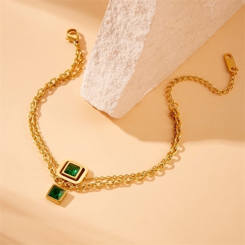 Vintage Gold Plated Stainless Steel Necklace Earrings Bracelet With Square Green Gemstones Double Layer Chain Jewelry