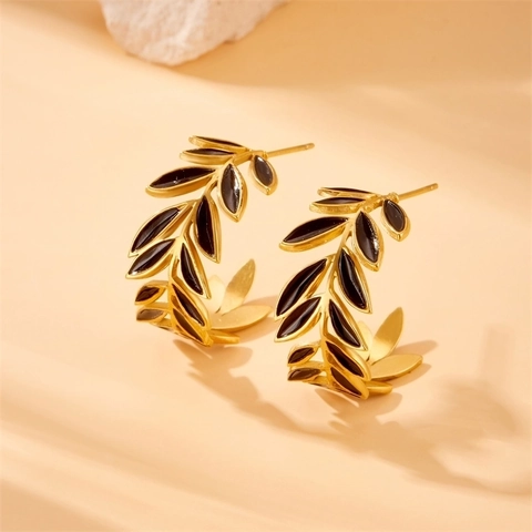 Edelstahl Blatt Halskette Ohrringe Und Ring Vergoldet Schwarz Emaille Retro Boho Mode Für Damen