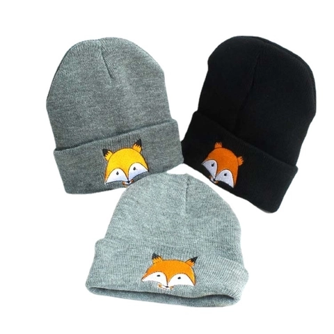 Kids Winter Knit Hat Cartoon Fox Embroidery Warm Beanie For Toddlers Baby Boys Girls Soft Acrylic Windproof Ear Protection Cap