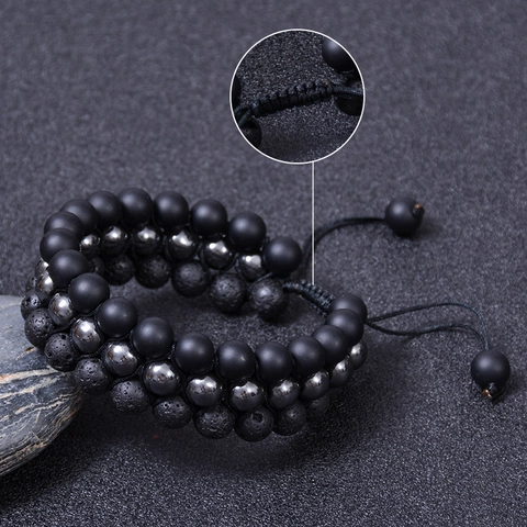 Triple Row Natural Stone Bracelet Lava Rock Matte Agate Hematite Adjustable Handmade Beaded Jewelry For Men Women