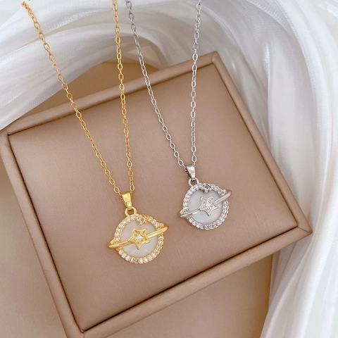 Collana Con Ciondolo Pianeta Stella Catena In Acciaio Inossidabile Rame Zircone Intarsio In Madreperla Gioielli Eleganti Da Donna