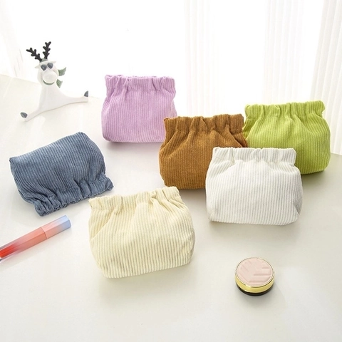 Corduroy Mini Cosmetic Bag With Snap Closure Portable Lipstick Pouch Jewelry Key Coin Organizer Soft Striped For Women