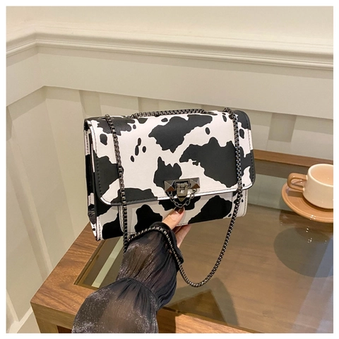 Women Animal Print Crossbody Bag Vintage Leopard Cow Pattern PU Leather Small Square Shoulder Bag With Metal Chain Strap