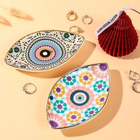 Evil Eye Shaped Ceramic Jewelry Storage Tray Mandala Pattern Gold Rim Decorative Ring Dish Trinket Plate Ornament