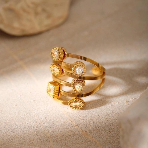 Onregelmatige Geometrische 304 Roestvrijstalen Open Ring Voor Dames 18K Verguld Strass Ingelegd Verstelbare Mode Sieraden