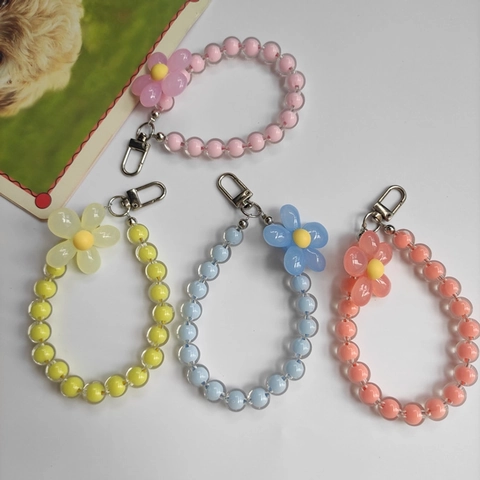 Pastoral Style Flower Beaded Phone Chain Candy Color Acrylic Bead Bag Charm Keychain For Women Cute Floral Pendant