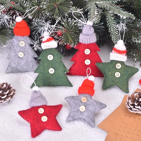 Ornamenti Appesi Di Natale Stella Albero In Feltro Con Cappello A Maglia Bottoni In Legno Decorazioni Per Feste