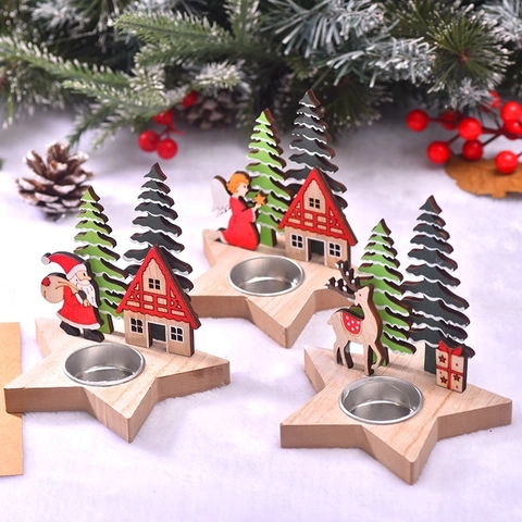 Christmas Wooden Candle Holder Star Shaped Base With Metal Cup Santa Reindeer Angel Tabletop Decoration Festive Ornament