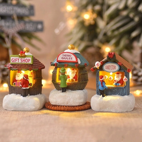 Miniatur Weihnachts haus Ornament Harz LED Leuchtendes Dorf Gebäude Geschenkeladen Süßwarenladen Tischdekoration